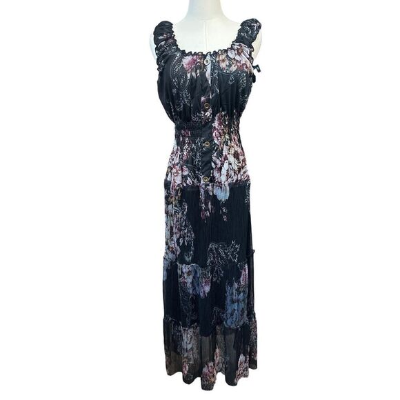 Lapis Dresses & Skirts - Lapis Anthropology Black Floral Pleated Ruffle Maxi Whimsigoth Dress Medium
